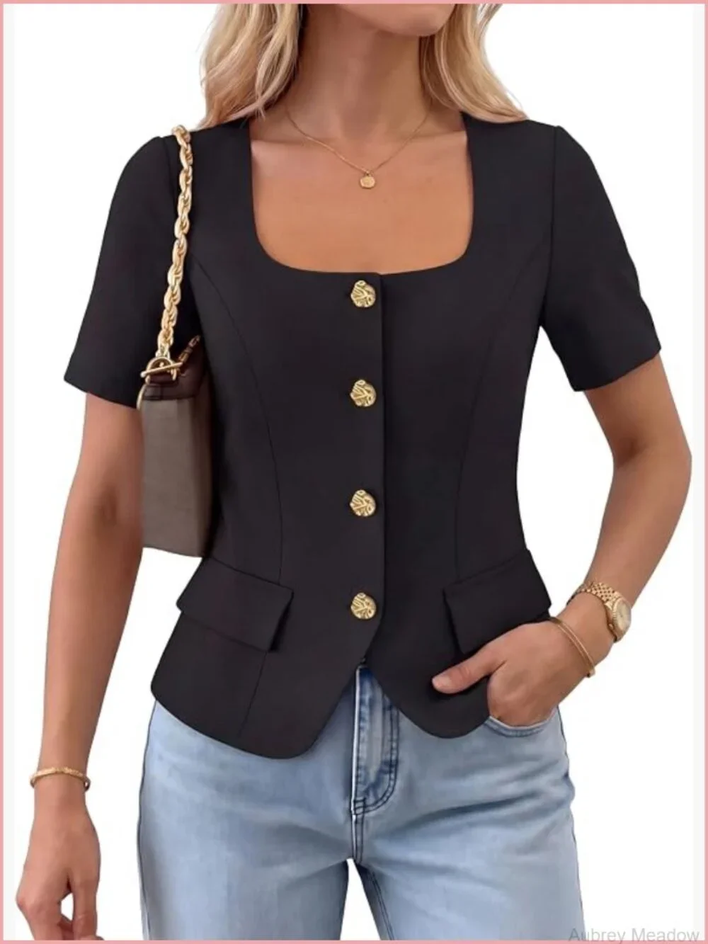 Short Sleeve Square Neck Blazer with Pockets Dressy Casual Work Jacket